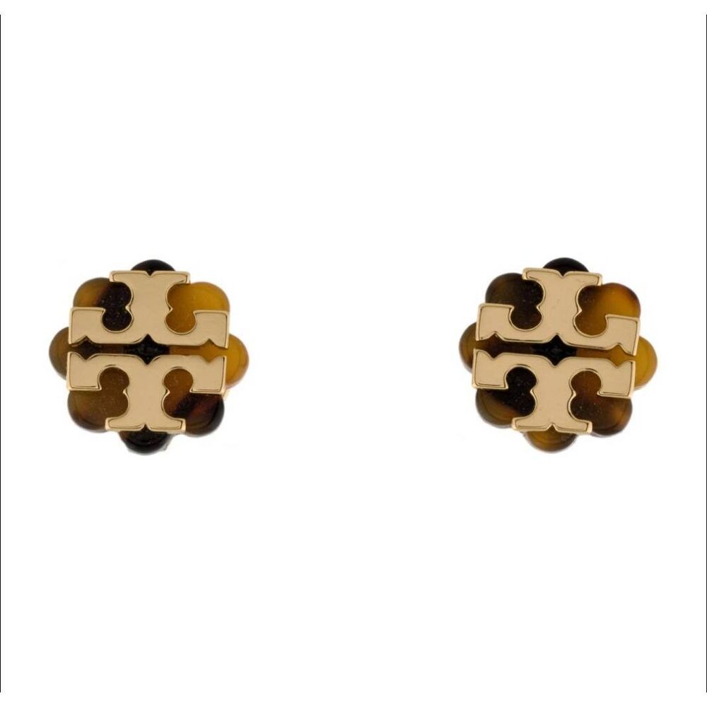 Tory Burch Gold Tortoise Double T Logo Flower Stud Earrings